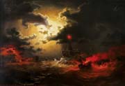 the sea in the moonlight with lighthouse and burning steamers